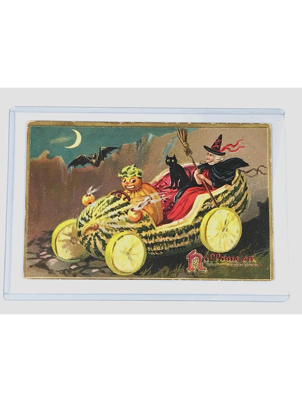 Antique 1908 Pumpkin Witch & Black Cat Melon Car Tuck #150 Halloween Postcard